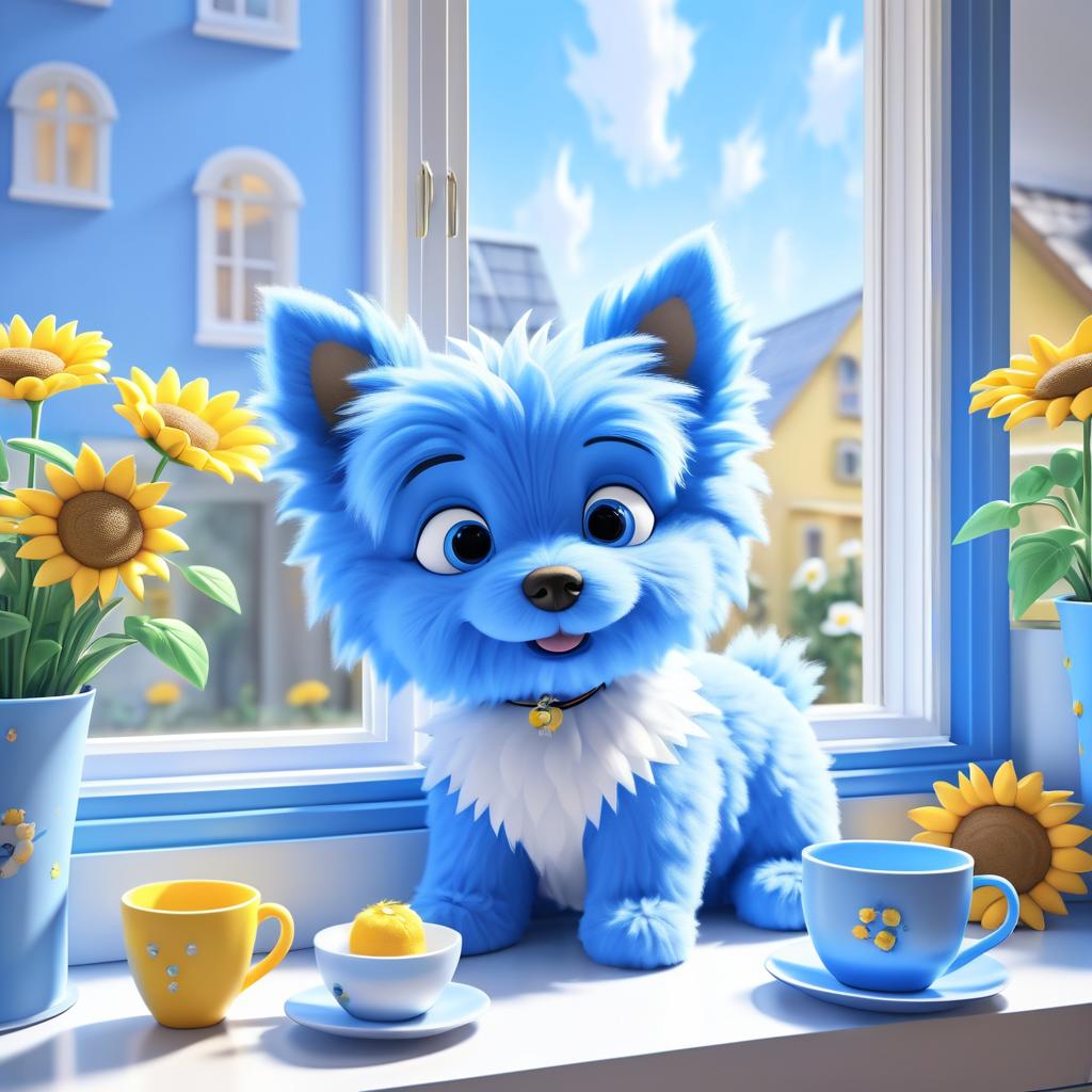 Whimsical Blue Dog Enjoying Tea