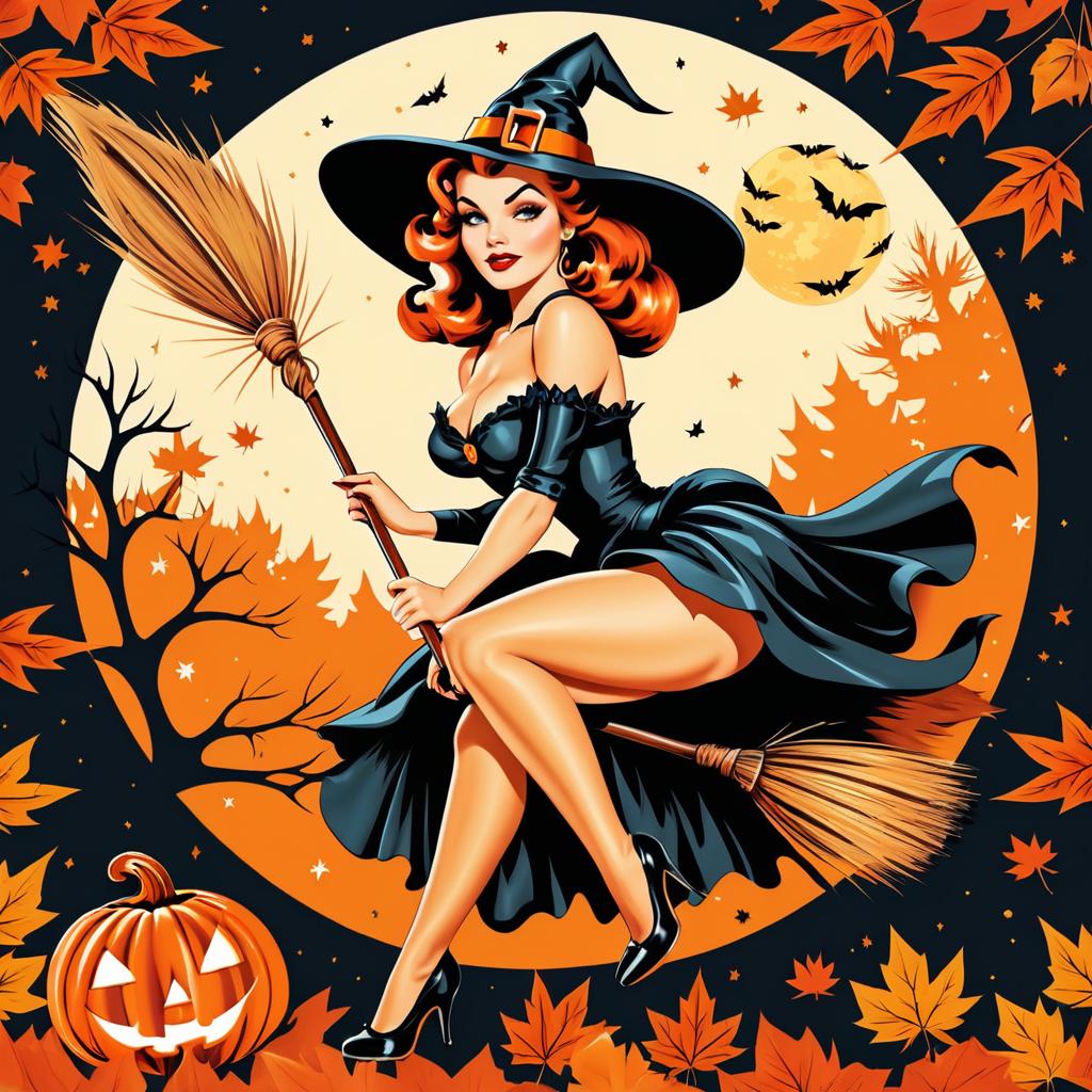 Vintage Pin-Up Witch in Autumn Scene