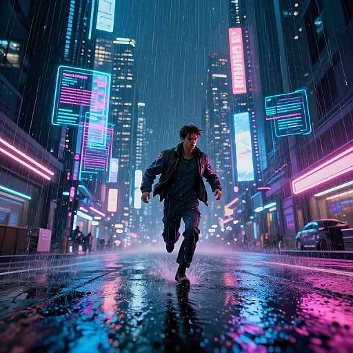 Neon-lit, rainy urban street scene: lone man in dark jacket and pants, splashing through puddles, surrounded by vibrant blue, pink