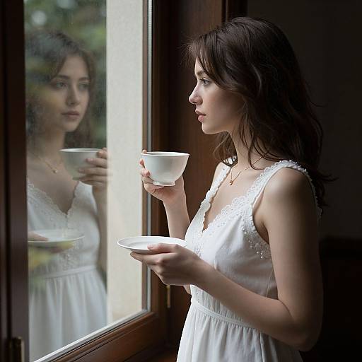 Photograph of a young woman with long brown hair, wearing a white lace-trimmed dress, holding a white cup and saucer, standing by