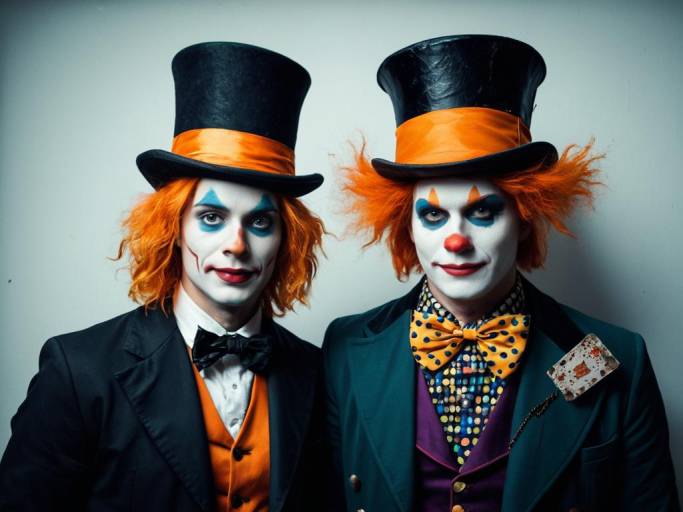 Two Men in Mad Hatter Clown Costumes
