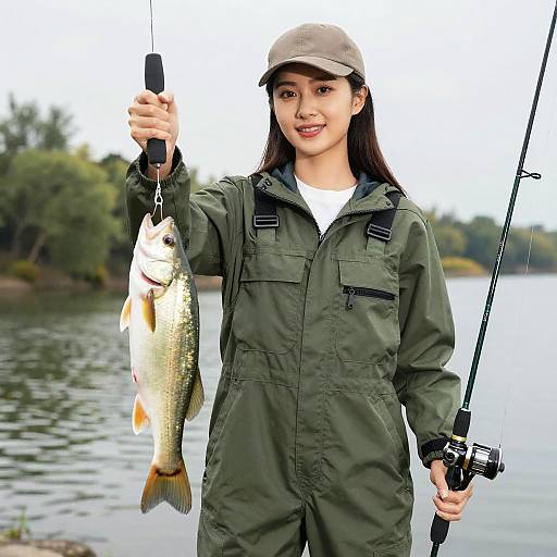 Woman in Green Overalls Fishing