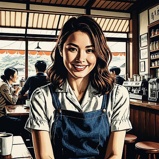 Cheerful Woman in Vintage Coffee Shop Illustration