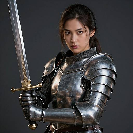 Photorealistic digital artwork of an Asian woman with dark hair in shiny, reflective medieval armor holding a sword against a dark background.