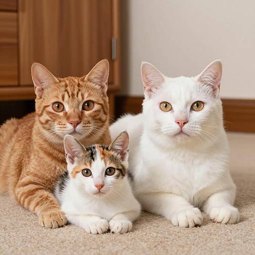 Three Cats Relaxing on Beige Carpet