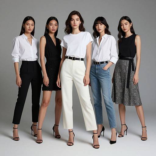 Photograph of five Asian women in chic outfits: white and black blouses, high-waisted pants and skirts, black heels, standing confidently against