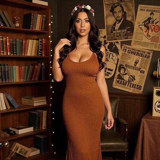 Photograph of a curvy woman with long black hair, wearing a tight, brown, ribbed dress, flower crown, standing in a vintage library