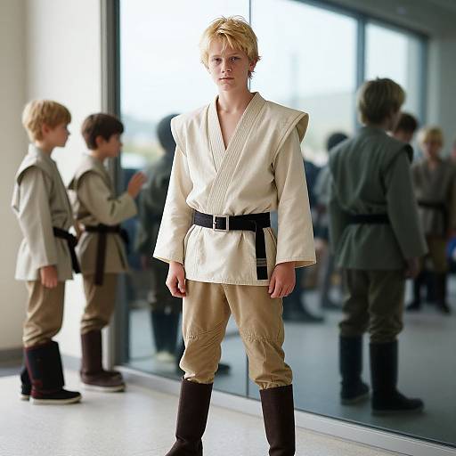 Photograph of a young boy with blonde hair, wearing a beige Jedi-style outfit with black belt and brown boots, standing in a modern, brightly lit