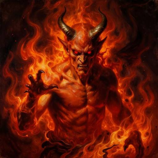 Digital painting of a muscular, demonic figure with glowing red eyes, sharp teeth, and large black horns, surrounded by intense orange and red flames. The