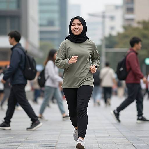 Photograph of a smiling Asian woman with black hijab, green sweater, black pants, and white sneakers, jogging in a busy urban plaza. Bl
