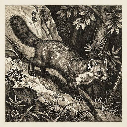 Monochrome Woodcut Pine Marten Leap
