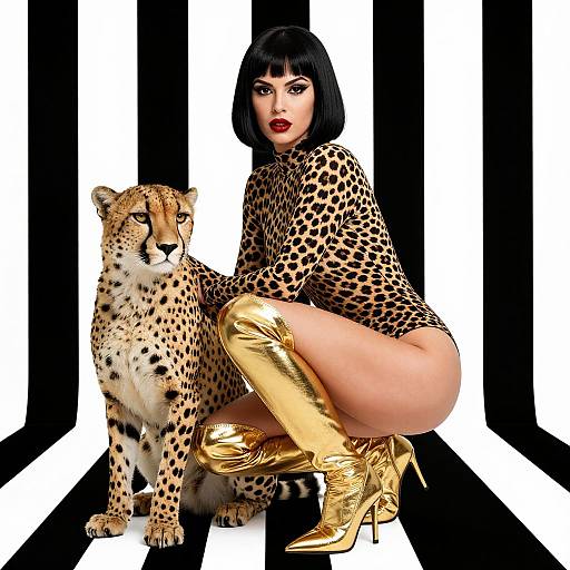 Digital art: Woman with black bob, red lips, leopard print outfit, gold boots, crouches beside cheetah, black-and-white striped