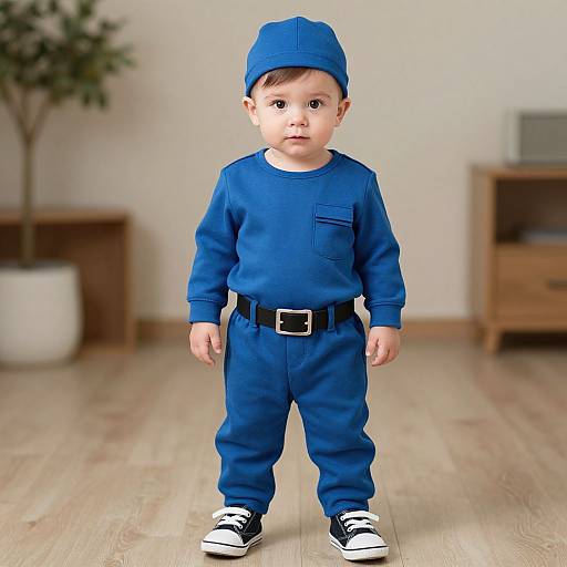 Photograph of a cute, young Asian boy in a blue onesie, black belt, and cap, standing in a wooden-floored room.
