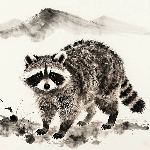 Traditional Ink Wash Raccoon Dog Art