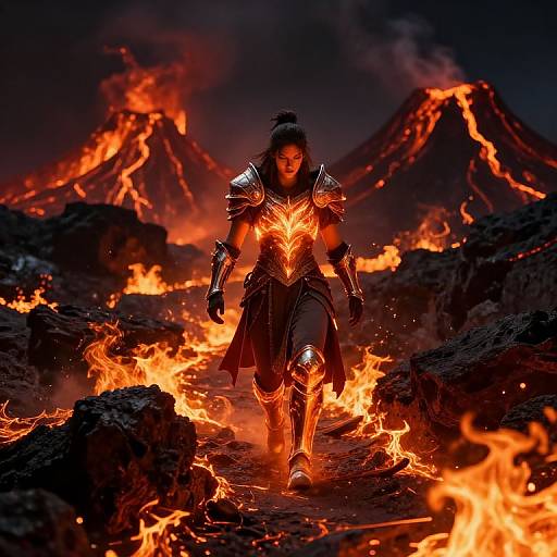 Photograph-style digital art of a fierce warrior with glowing armor, black hair, and intense expression, walking through a fiery, volcanic landscape with erupting