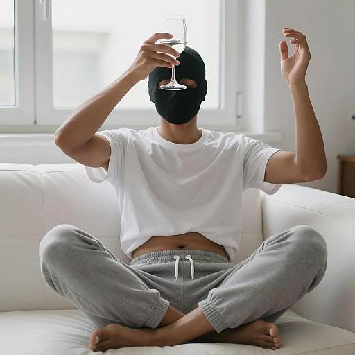 Elegant Moment: Person with Mask and Wine