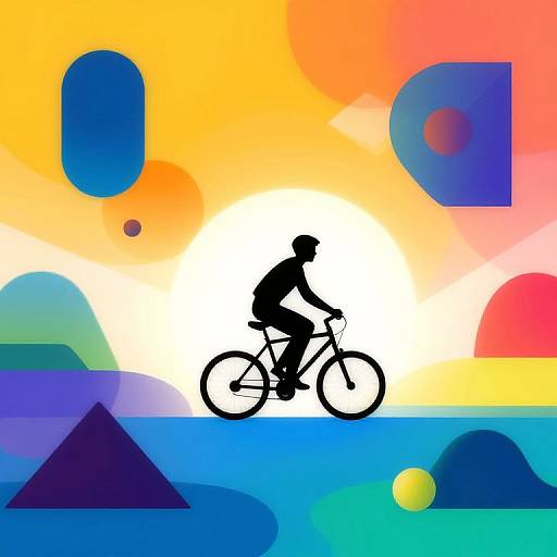 Silhouette of cyclist riding bicycle against vibrant abstract sunset background with geometric shapes and colorful circles in orange, blue, and red.
