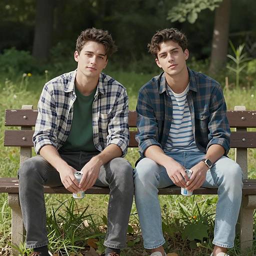 Relaxed Young Men on a Sunlit Bench