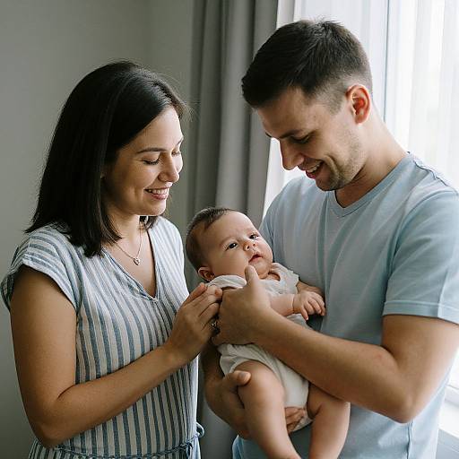 Photograph of a smiling couple with dark hair, holding a baby in a white onesie, standing by a window. The woman wears a striped shirt