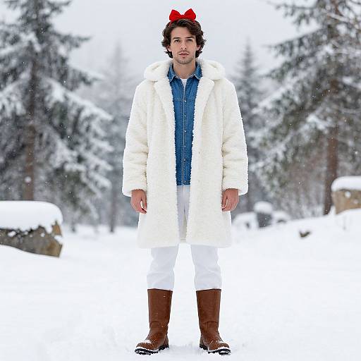 Photograph of a man with curly hair, wearing a red bow, white coat, blue shirt, white pants, brown boots, standing in a snowy