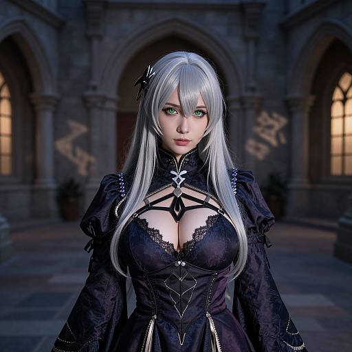 Digital art of a beautiful, anime-style woman with long silver hair, green eyes, large breasts in a black, gothic lace dress, standing in