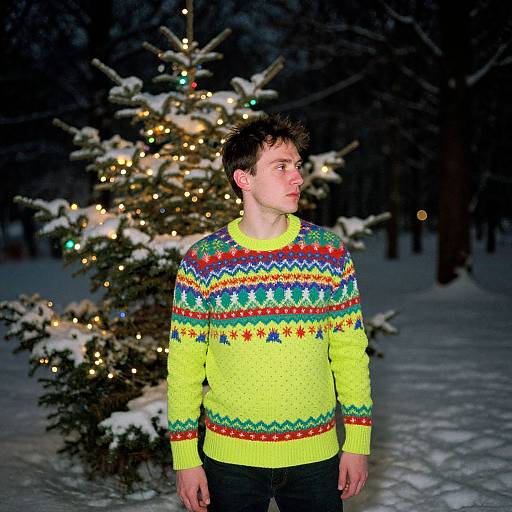 Photograph of a man in a neon yellow, colorful patterned sweater, standing in front of a snow-covered, lit Christmas tree at night.