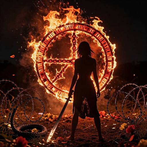 Silhouetted warrior with sword stands before blazing, circular fire with 