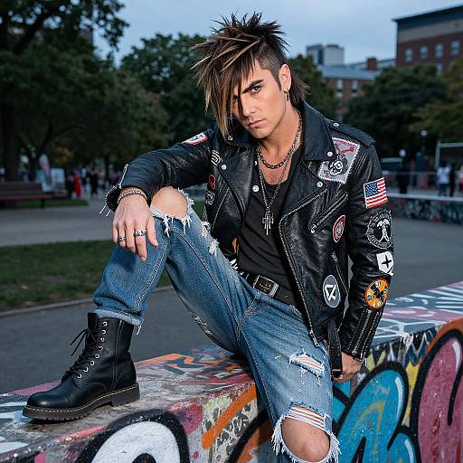 Photograph of a young, white, androgynous man with spiked brown hair, wearing a black leather jacket, ripped jeans, and boots,