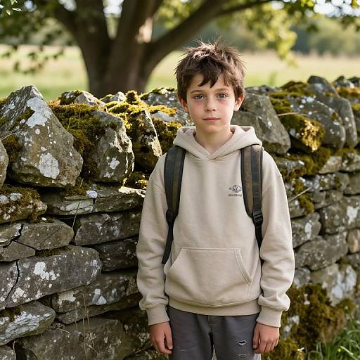 Curious Boy by Mossy Stone Wall
