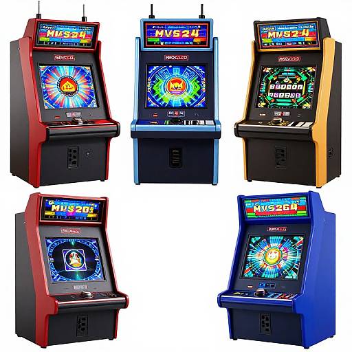 Photograph of six colorful arcade machines, each displaying vibrant game screens with 