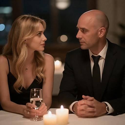 Photograph of a blonde woman in a black dress and a bald man in a black suit, sitting at a candlelit table, gazing at each