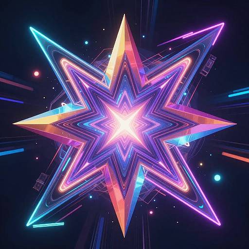 Neon digital starburst with glowing multicolored lines (pink, blue, yellow) in a dark cosmic background, surrounded by faint light trails.