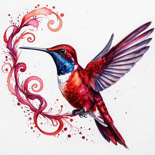 Watercolor Painting of Crimson Hummingbird with Vibrant Swirls