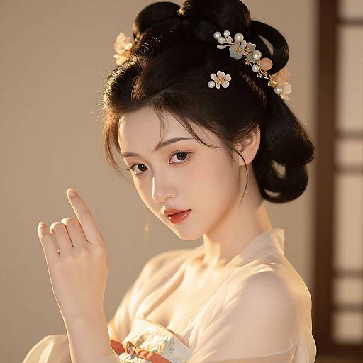 Photograph of an East Asian woman with fair skin, black hair in an elegant bun adorned with flowers, wearing a white traditional kimono, softly lit