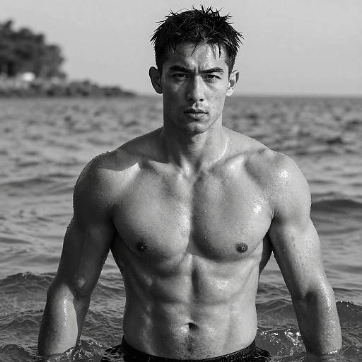 Black-and-white photograph of a muscular, shirtless Asian man with wet, spiky hair standing in shallow ocean water, looking directly at the camera.