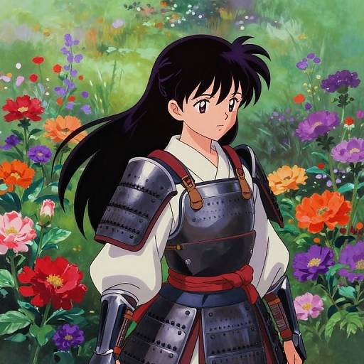 Anime-style drawing of a young woman with long black hair in medieval armor, standing in a vibrant, colorful flower garden.