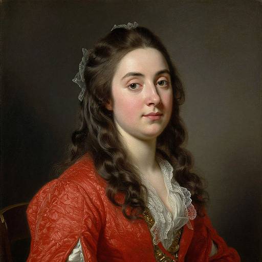 18th-century portrait painting of a fair-skinned woman with long, wavy brown hair, wearing a red lace-trimmed dress, dark background