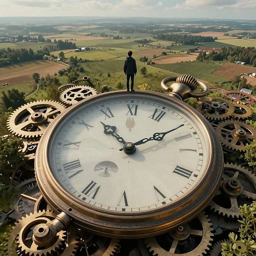 Photograph of a large, oversized clock with intricate gears and a man in a suit standing on top, overlooking a sprawling, green countryside landscape under a