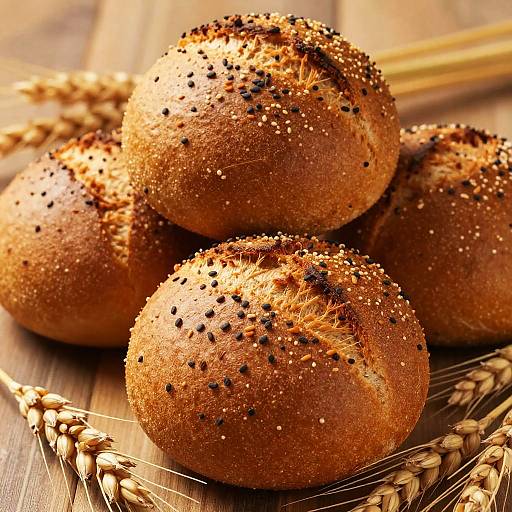Photograph of four golden-brown, speckled whole grain bread rolls with visible texture, stacked on a wooden surface with wheat stalks.