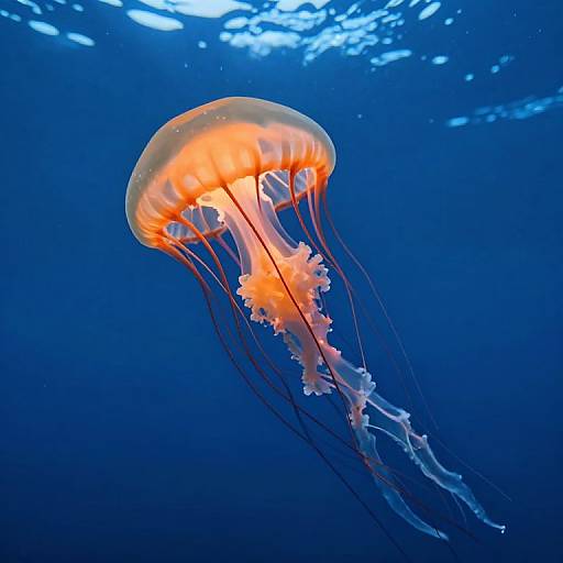 Photograph of a glowing orange jellyfish with translucent, frilled tentacles floating against a deep blue underwater background.