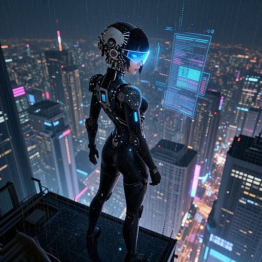 Cybernetic woman with glowing blue visor and bodysuit stands on rainy skyscraper balcony, overlooking neon-lit, futuristic cityscape at