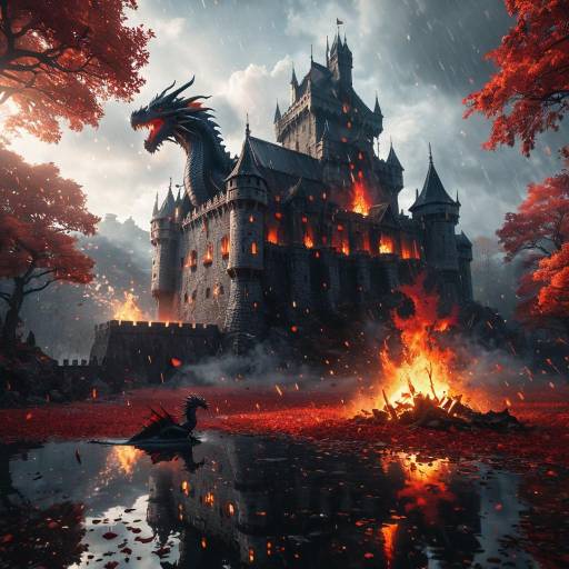 Burning Medieval Castle with Fire-Breathing Dragon