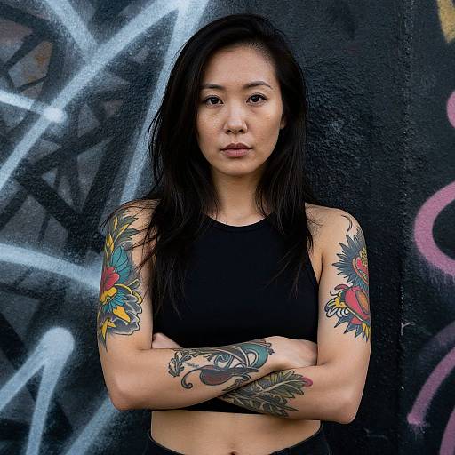 Asian woman with long black hair, black sports bra, colorful tattoos on arms, standing against graffiti-covered black wall, arms crossed. Photograph.