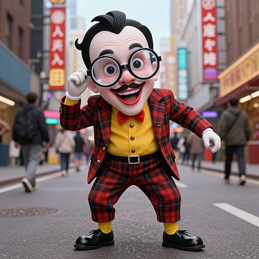 CGI cartoon of a nerdy man with large glasses, red plaid suit, yellow shirt, black shoes, and yellow socks, standing excitedly