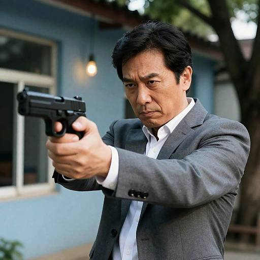 Intense Man Aiming Handgun Indoors