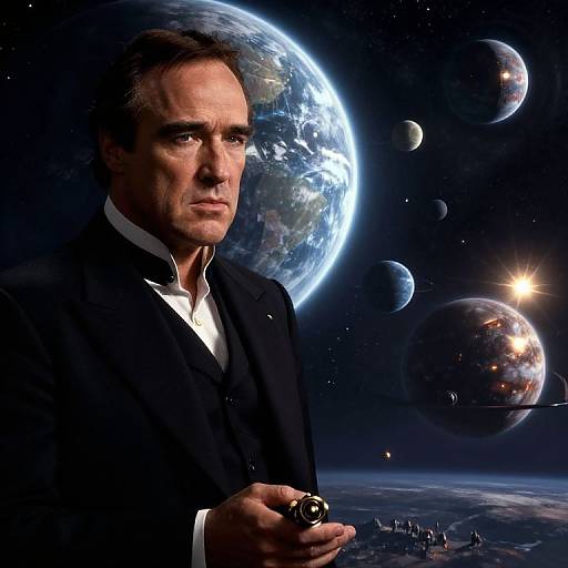 Photorealistic CGI of a serious middle-aged man in a black suit holding a ring, with a cosmic space background featuring Earth, moons, and stars
