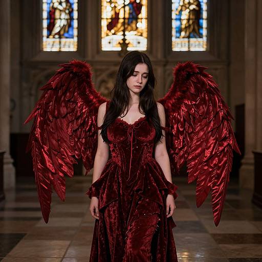 Photograph of a pale-skinned woman with long black hair, wearing a red velvet dress and large, fiery red feathered wings, standing in a