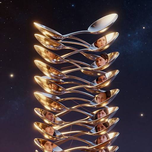 Photograph of a spiral sculpture with reflective silver spoons containing illuminated faces against a dark, starry background. Faces appear serene, lights glow warmly,