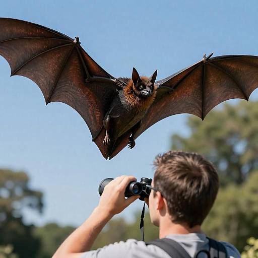 Man Observing Large Bat with Binoculars