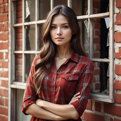 Young Woman in Red Plaid Shirt by Broken Window